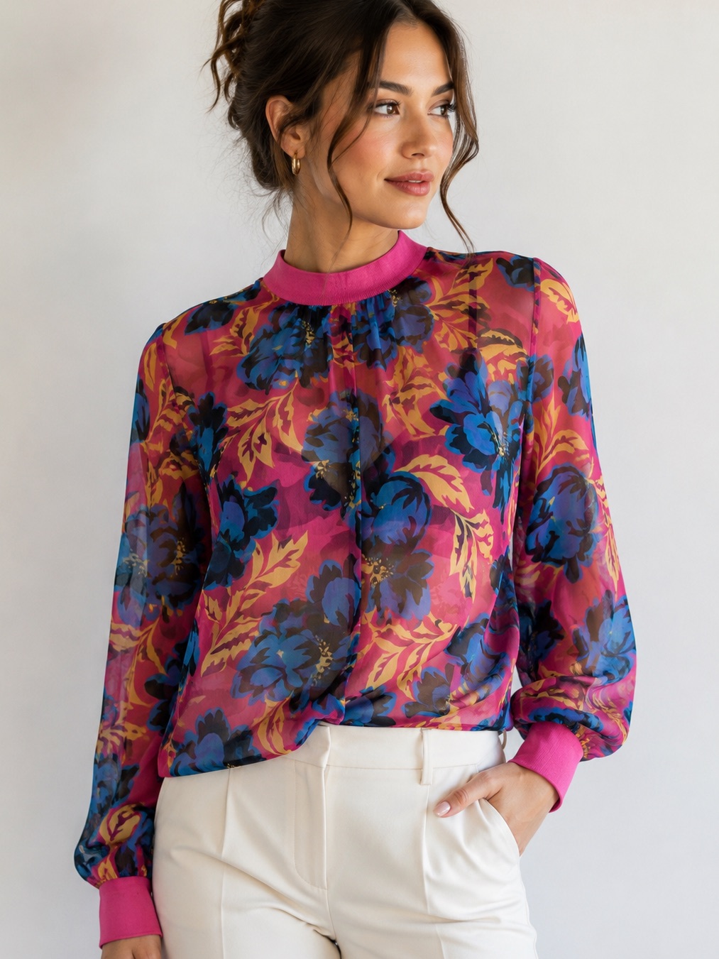 French Connection "Darla" Blouse W/Vibrant Floral Print & Mock Neck